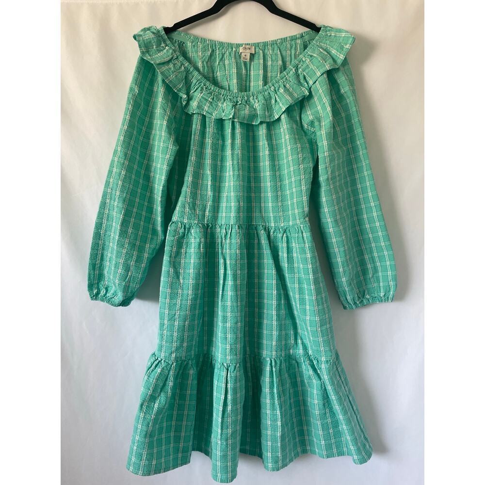 J.Crew Aqua Green Plaid Seersucker Ruffle Tiered Mini Dress 6 Preppy Pastel - Picture 2 of 12